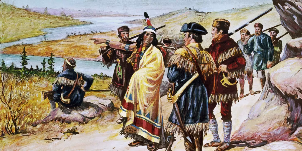 Historical illustration of Sacagawea with Lewis and Clark expedition members in a western landscape near a river.